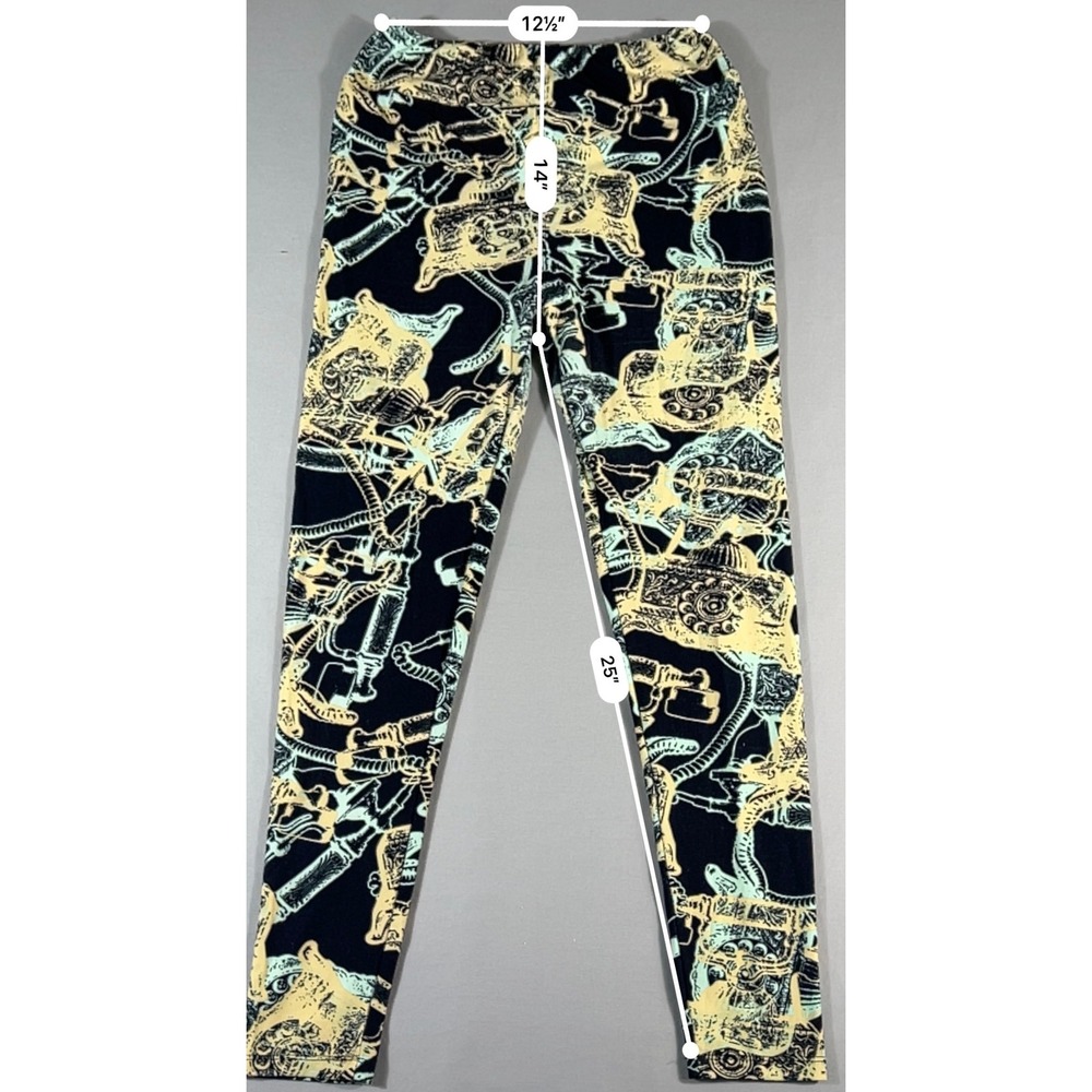 LuLaRoe Tall Curvy Leggings Black Yellow Mint Vintage Rotary Telephone Print TC - Picture 3 of 9